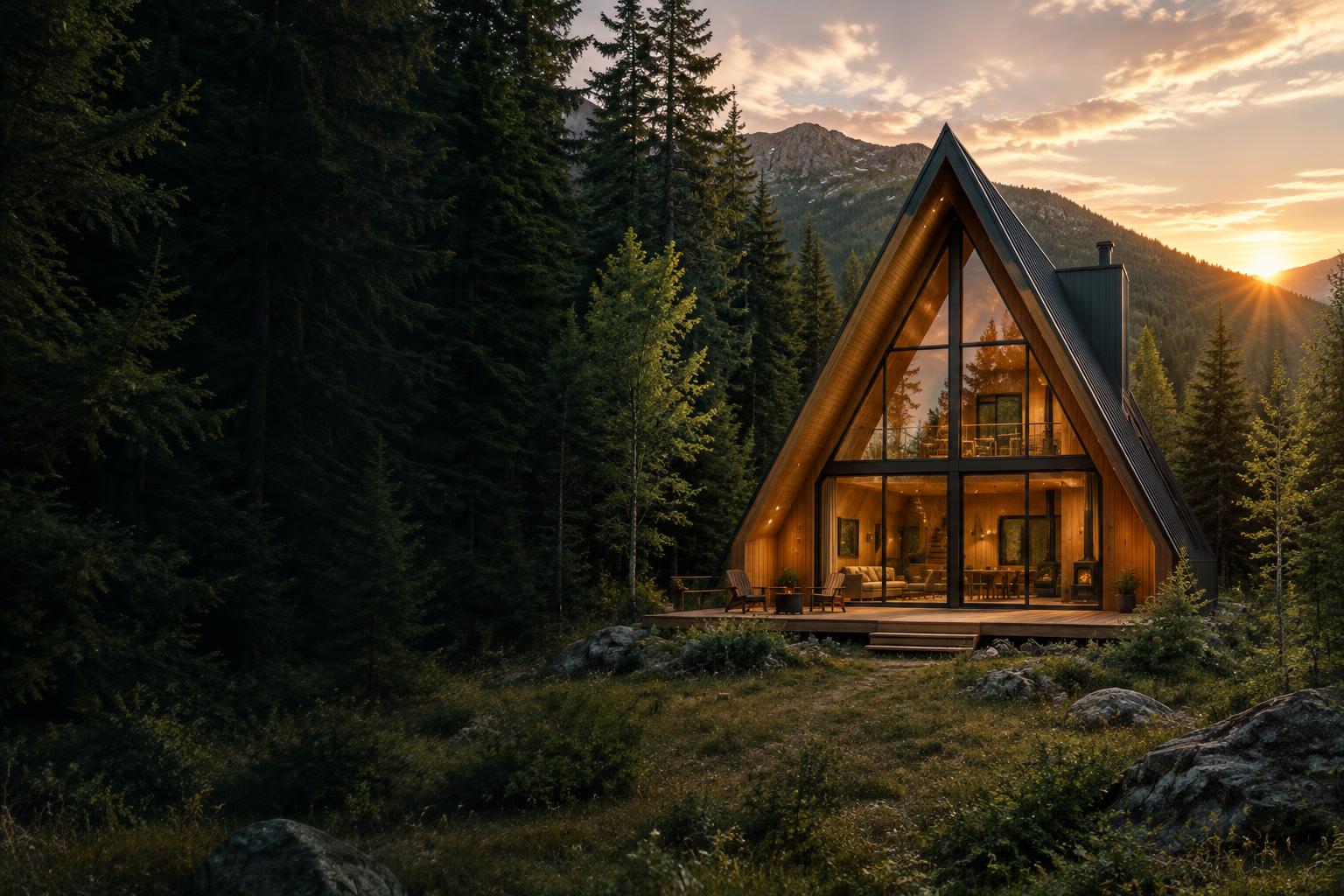 Visual ilustrativo de una cabaña A-Frame entre árboles al atardecer
